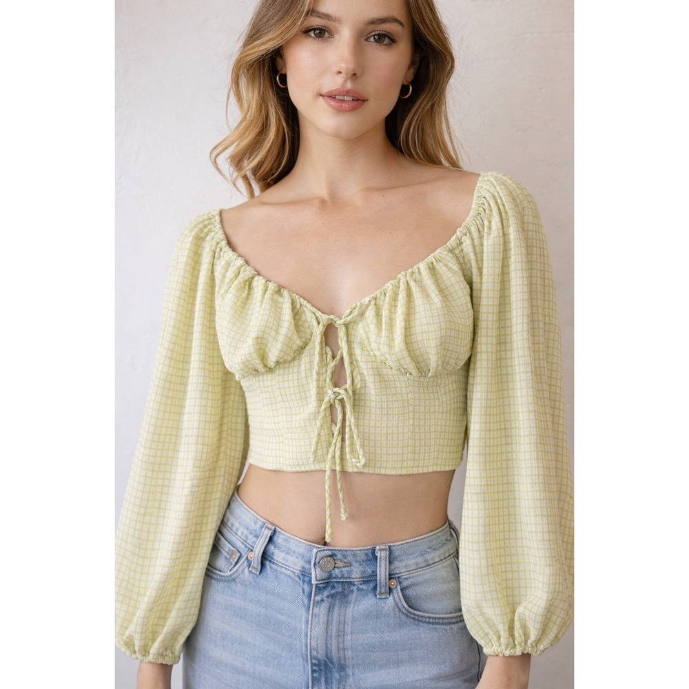 Green Gingham Coquette Tie Front Corset M Milkmaid Women's Cropped Cottagecore